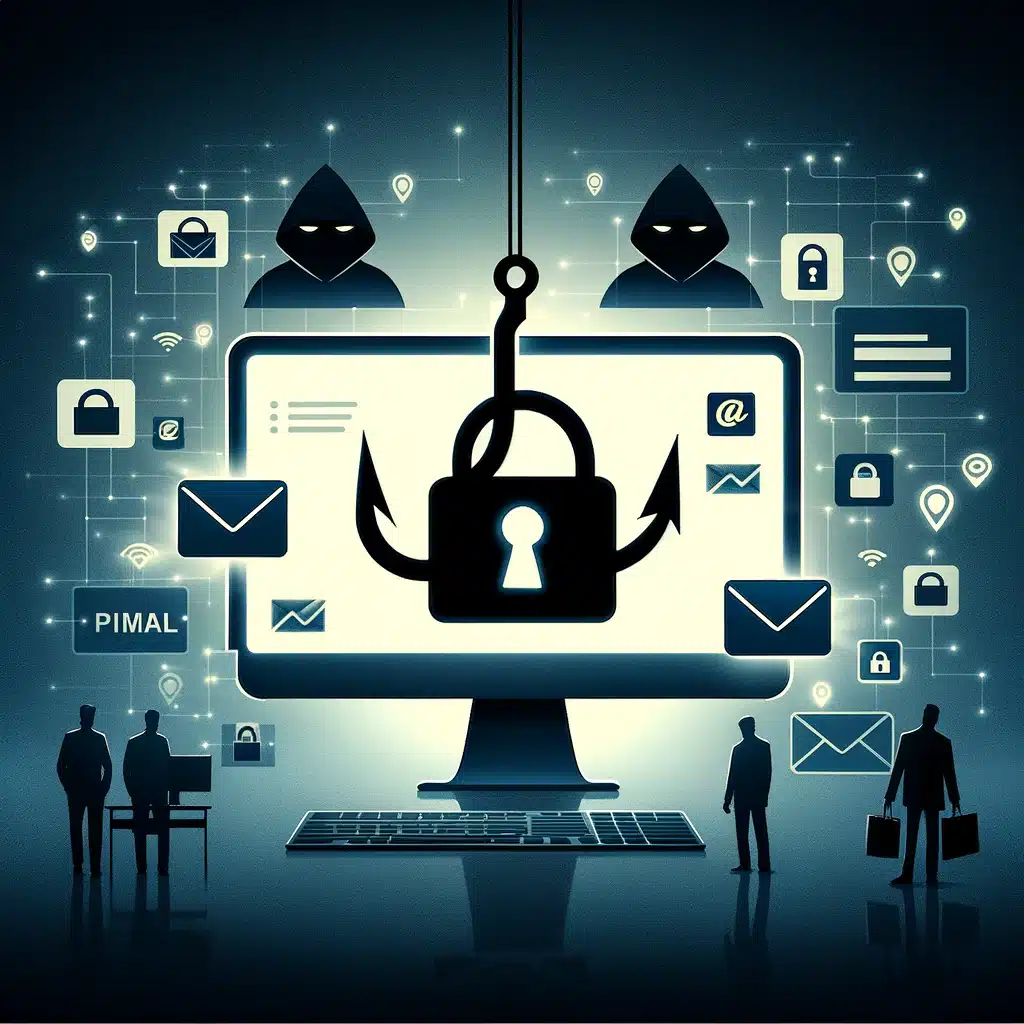 he threat of phishing, displaying the classic symbol of a fish hook on a computer screen and shadowy figures to represent the ever-present danger of cybercriminals, and phishing trends awareness